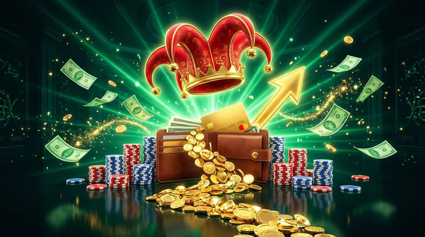 Golden bank card and leather wallet with gold coins, red joker hat and casino chips